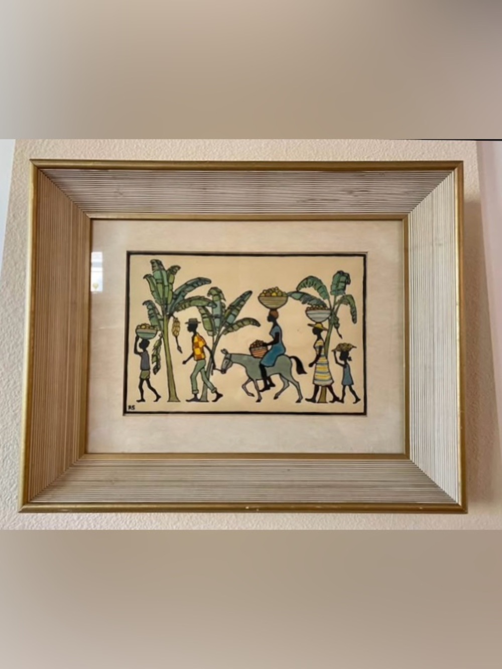 Vtg 60s Caribbean Haitian Market Procession Folk Art Painting Framed Signed RS